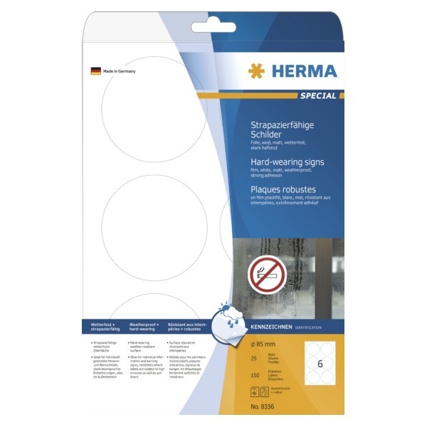 Herma 8336 Etykieta poliestrowa biała matowa kółka o średnicy 85 mm 150 szt.