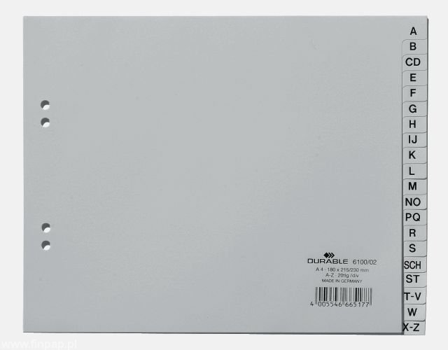 Durable 6100 02 Przekładki PP białe A4, A-Z poziome