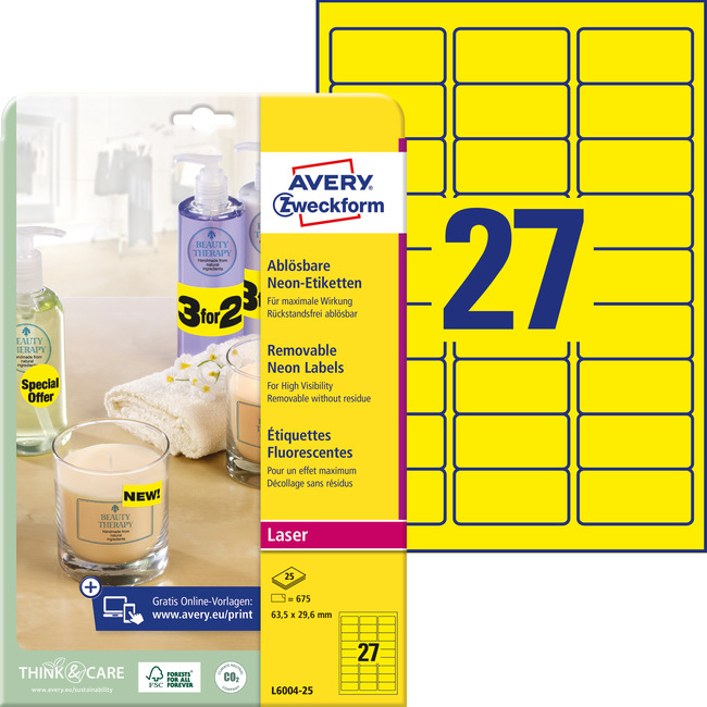 Etykiety ostrzegawcze Avery L6004 - 25 żółte rozmiar 63,5 x 29,6 mm 675 etykiet