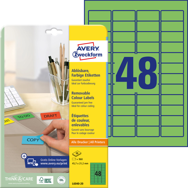 Etykieta kolorowa Avery Zweckform L6040 - 20, 45,7 x 21,2 zielone, 960 etykiet