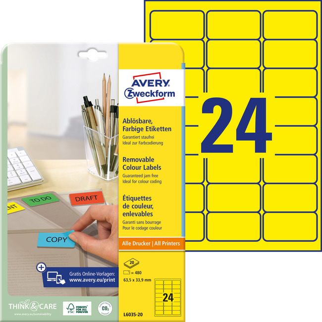 Etykieta kolorowa Avery Zweckform L6035 - 20, 63,5 x 33,9 mm żółte 480 etykiet