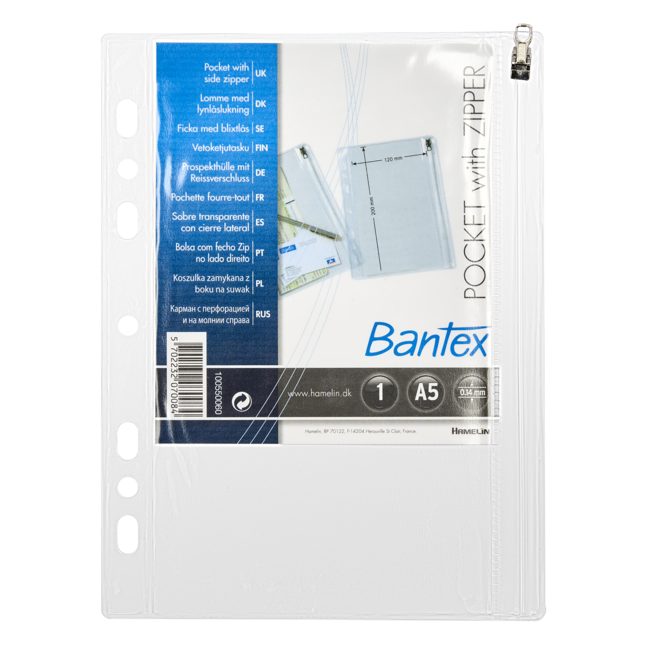Bantex 100550060 Kieszenie zapinane na suwak A5, 140 mic, opakowanie 10 szt.