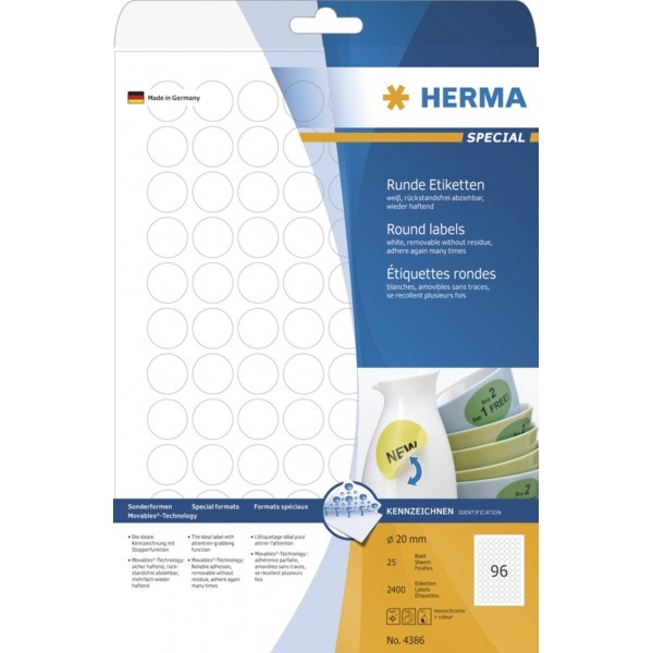Herma 4386 Etykiety samoprzylepne kółka średnica 20 mm  2400 etykiet usuwalnych