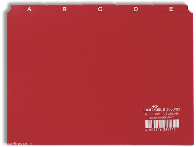 Durable 3650 03 Przekładki plastikowe format A5 25 szt.5/5 do kartoteki czerwone