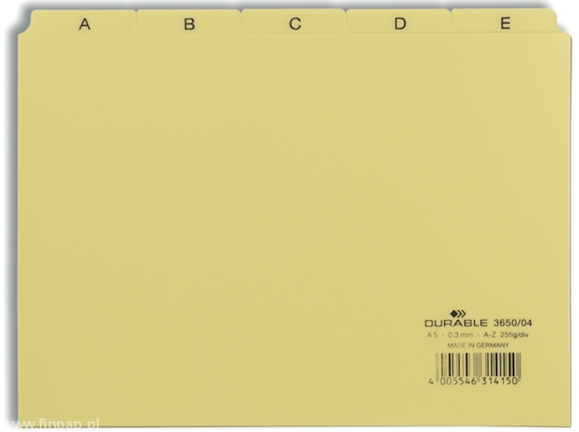Durable 3650 04 Przekładki plastikowe format A5 25 szt. 5/5 do kartoteki żółte