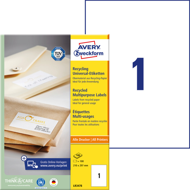 Etykiety papierowe recykling Avery Zweckform LR3478 210 x 297 mm 100 etykiet
