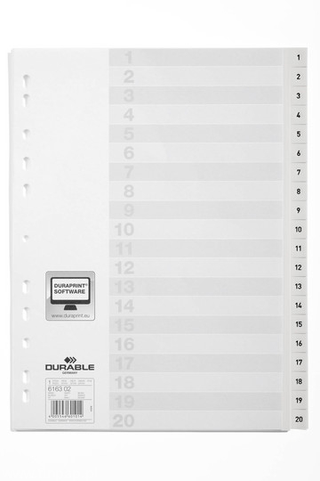 Durable 6163 02 Przekładki z indeksem z PP Index Set, białe A4 1-20