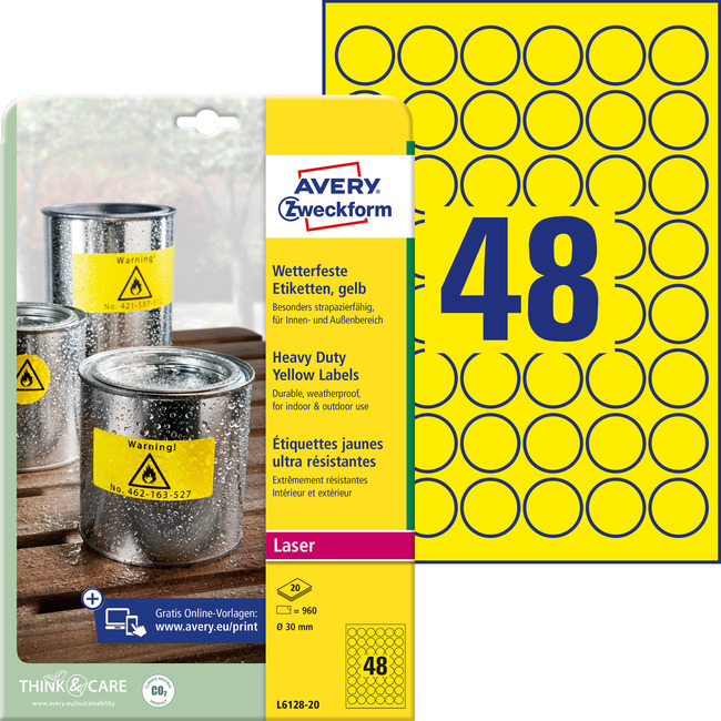 Etykiety poliestrowe żółte Avery Zweckform L6128-20 kółka Ø 30 mm 960 etykiet