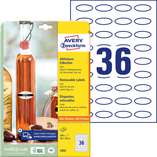 Avery Zweckform 5086 Etykiety na butelki 40x20mm kształt owalny USUWALNE 